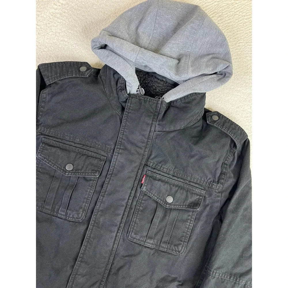 Levis Jacket Mens Large Black Canvas Military Hooded Sherpa Lined Full Zip